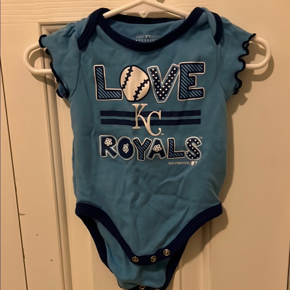 Blue Bodysuit with Ruffled Sleeves and Baseball Graphic